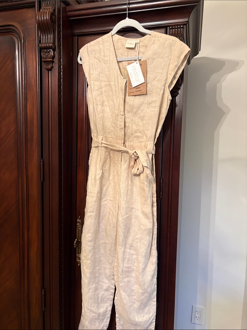 Cap sleeve Cream Linen Blend Tie-Waist jumpsuit